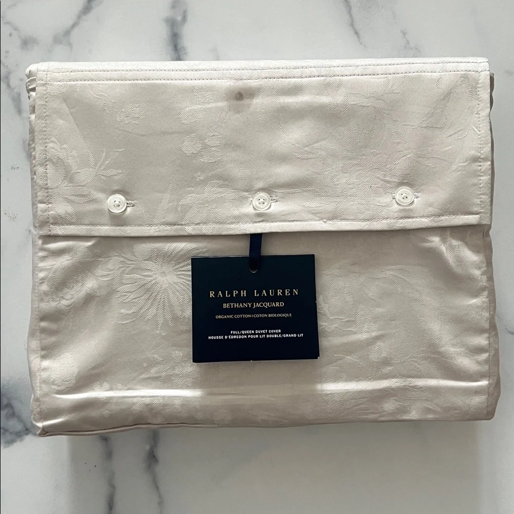 Ralph Lauren Home Organic Cotton Bethany Jacquard Silver Queen Duvet Cover, NWT
